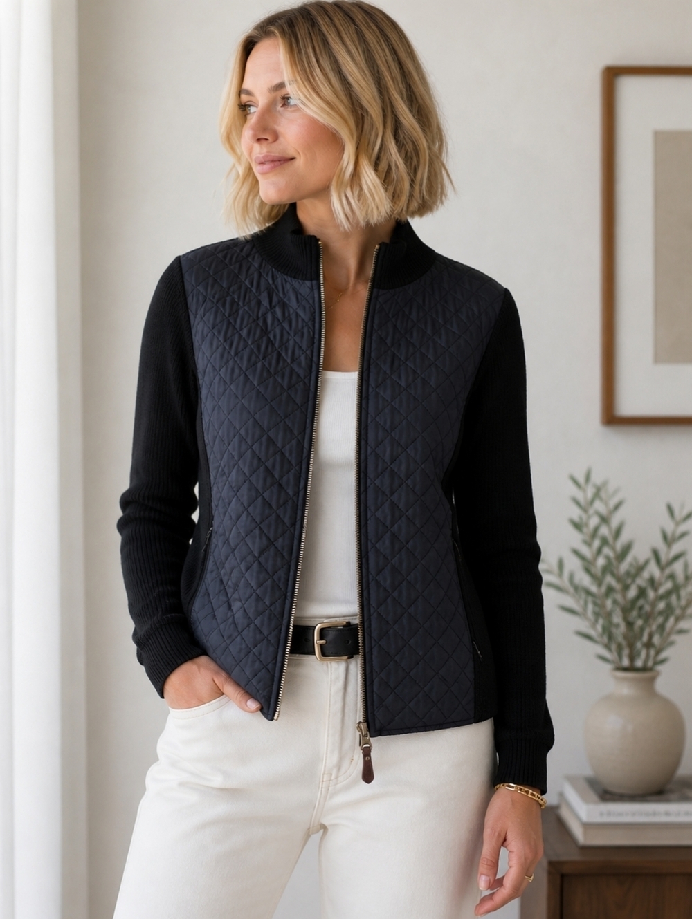 J McLaughlin Quilted Jacket Women M Black Silk Front Knit Sleeve Zip Lightweight
